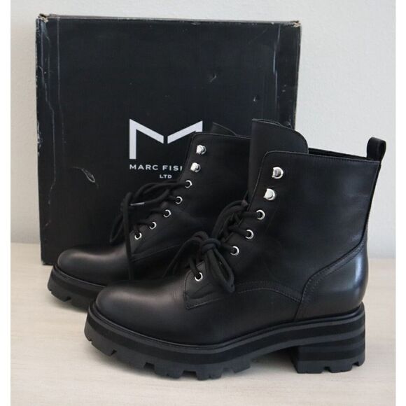 Marc Fisher LTD Women's Sz 8M Black Mllucien Leather Lug Sole Ankle Boots - Picture 2 of 8